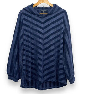 Lane Bryant Fuzzy Hoodie Chevron Sweater Size 14 Navy Blue Shimmer Knit Pullover